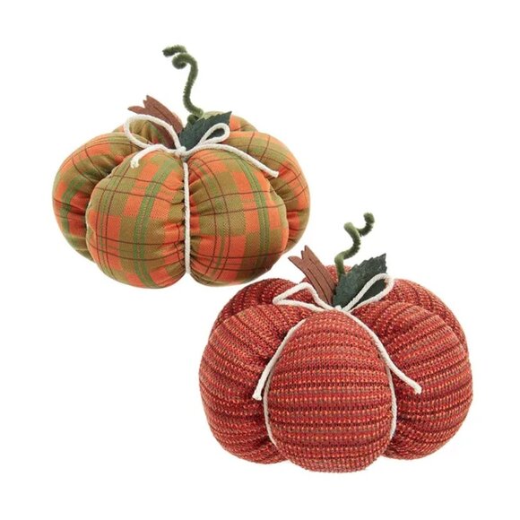 Halloween Orange Green Plaid Pumpkin Set 2 Table Fabric Plush Fall Decor 7x3" - Picture 1 of 4